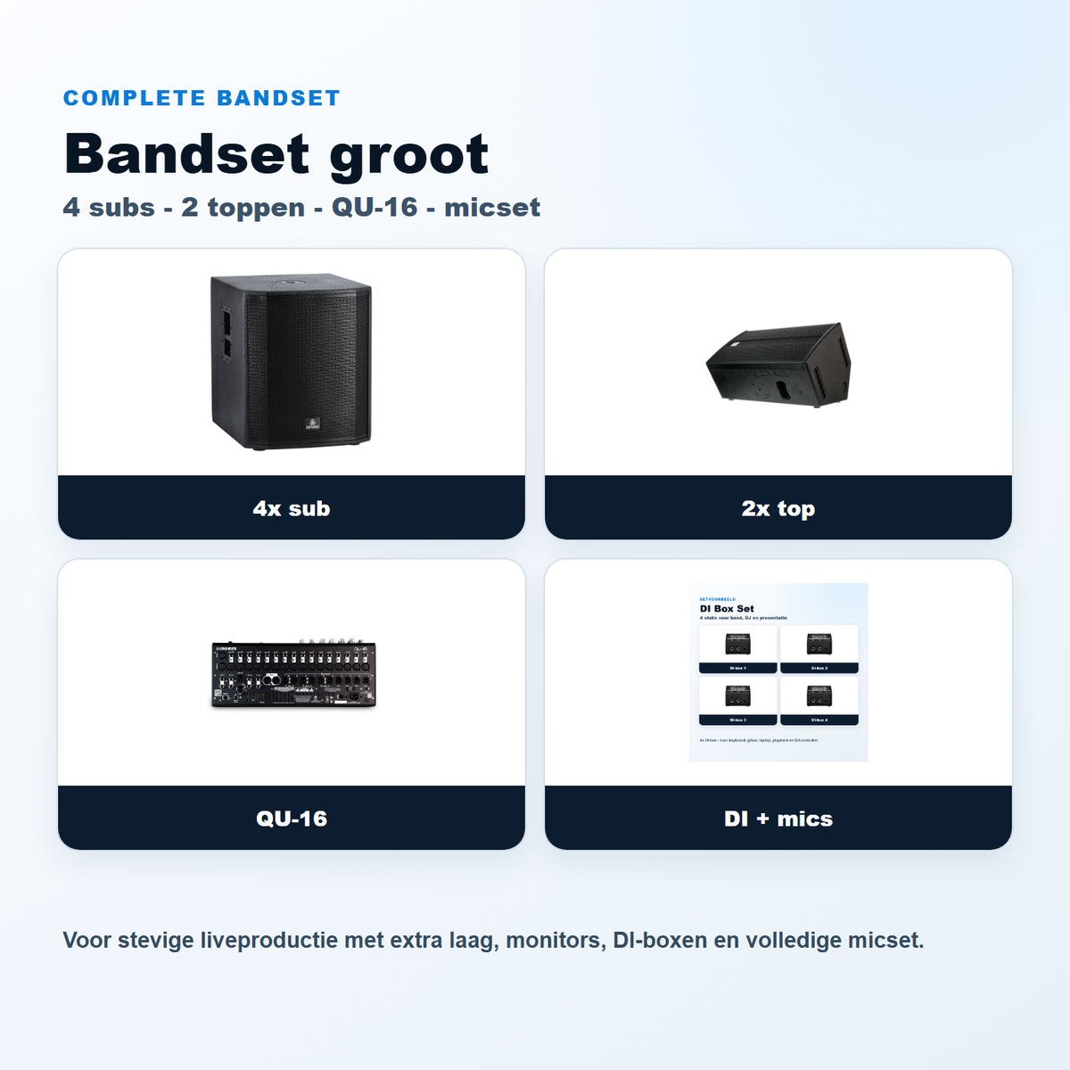 Bandset groot compleet - 4 subs, 2 tops, QU-16 en full micset