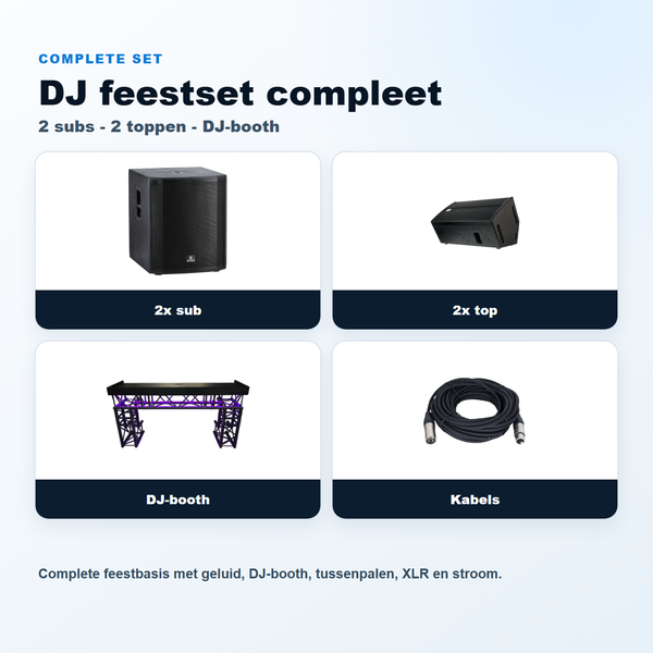 DJ feestset compleet - 2 subs + 2 speakers + DJ booth