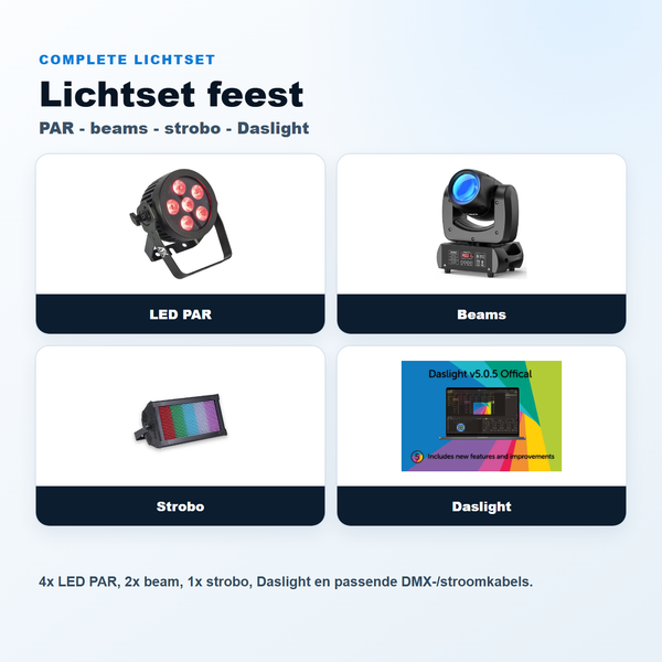 Lichtset feest - LED PAR, beams, strobo en Daslight
