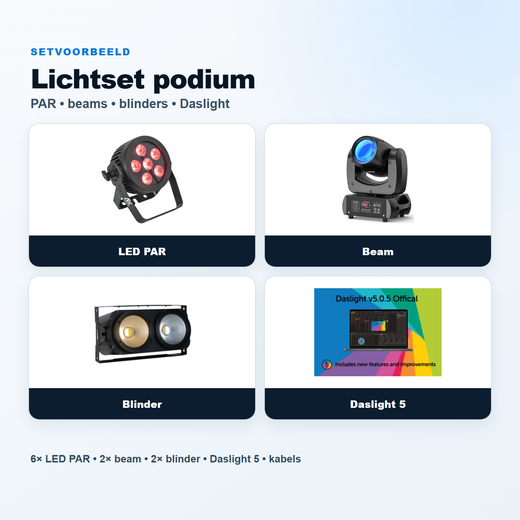 Lichtset podium - PAR, beams, blinders en Daslight
