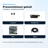 Setvoorbeeld presentatieset met twee speakers en draadloze microfoon huren bij RSL Rental