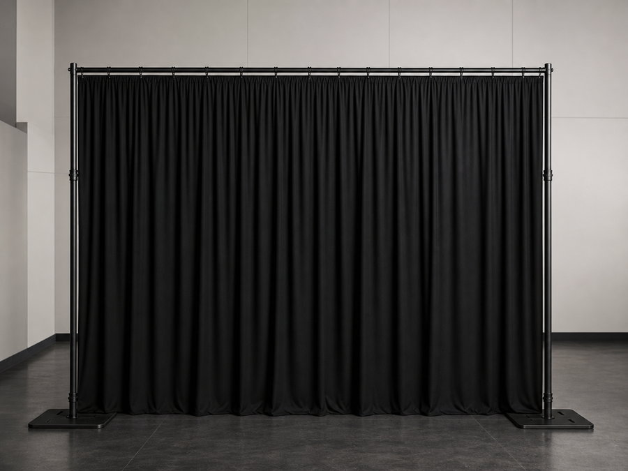 Representatief beeld van een professioneel zwart pipe-and-drape backdrop-pakket voor RSL Rental